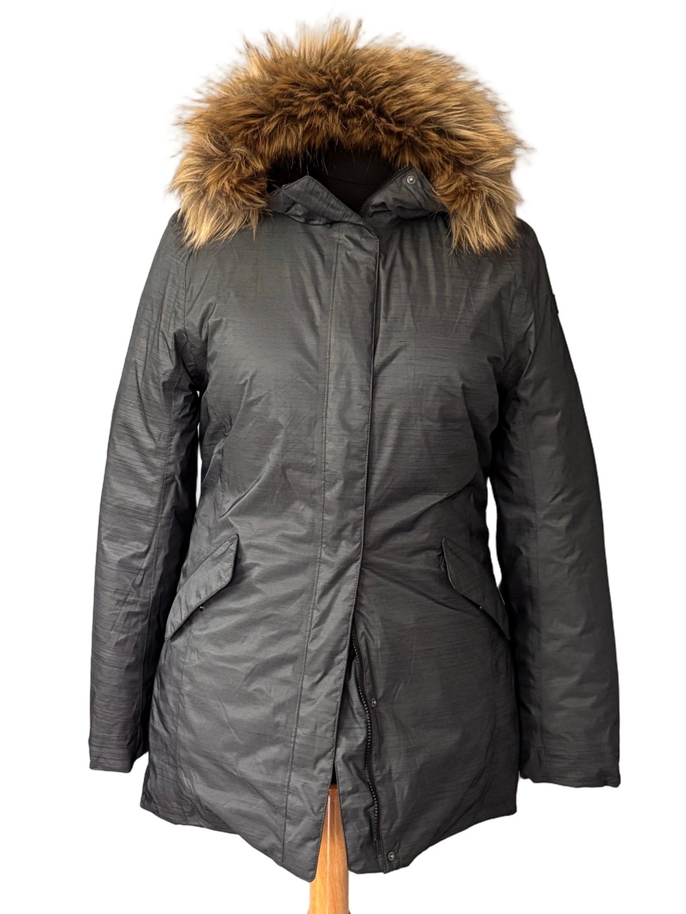 Helly Hansen Charcoal Gray Faux Fur Hood Parka Winter Coat L Gorpcore